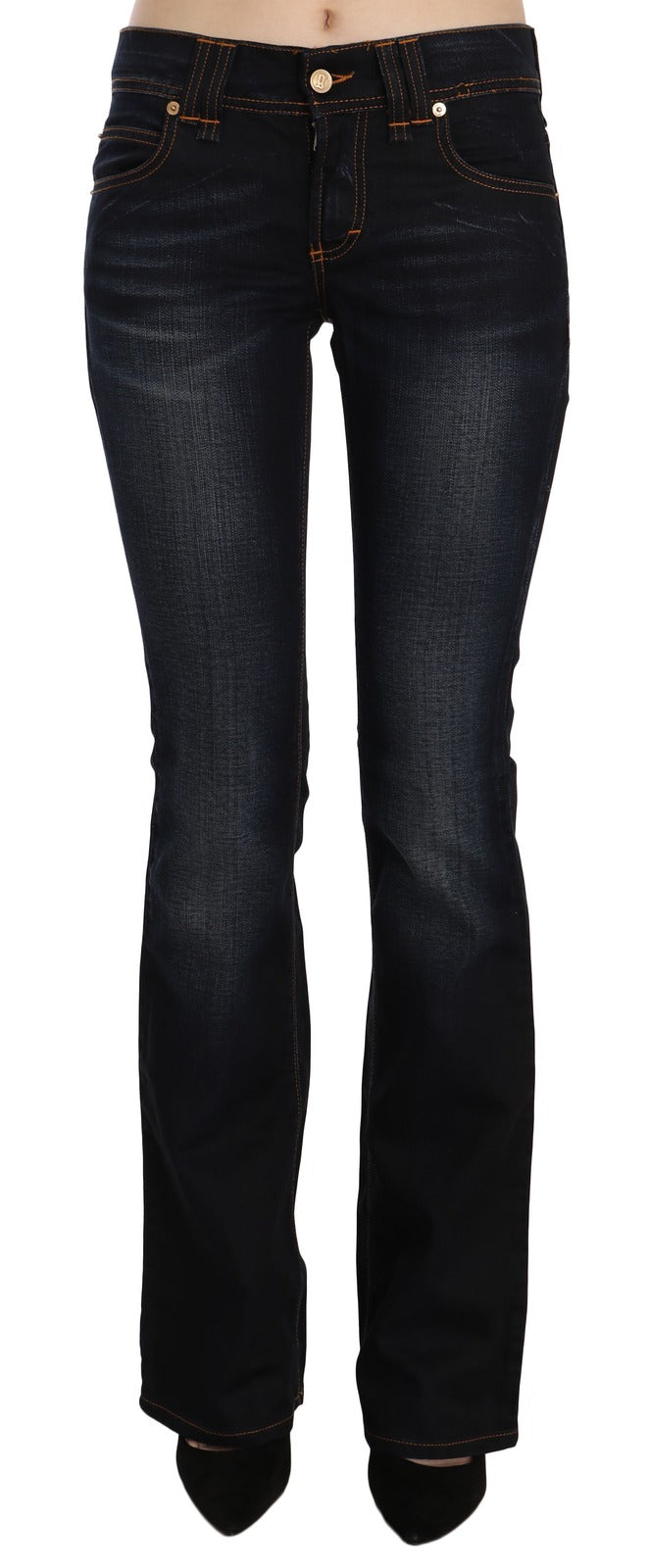 Blue Washed Mid Waist Regular Leg Boot Cut Denim Jeans