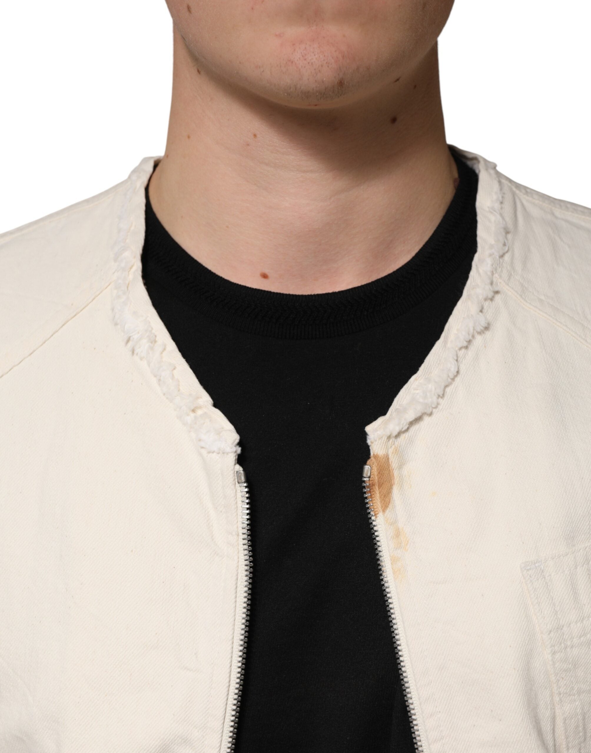Off White Cotton Full Zip Denim Men Blouson Jacket