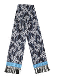 Black Blue Silk Floral Pattern Fringe 140cm x 16cm  Scarf