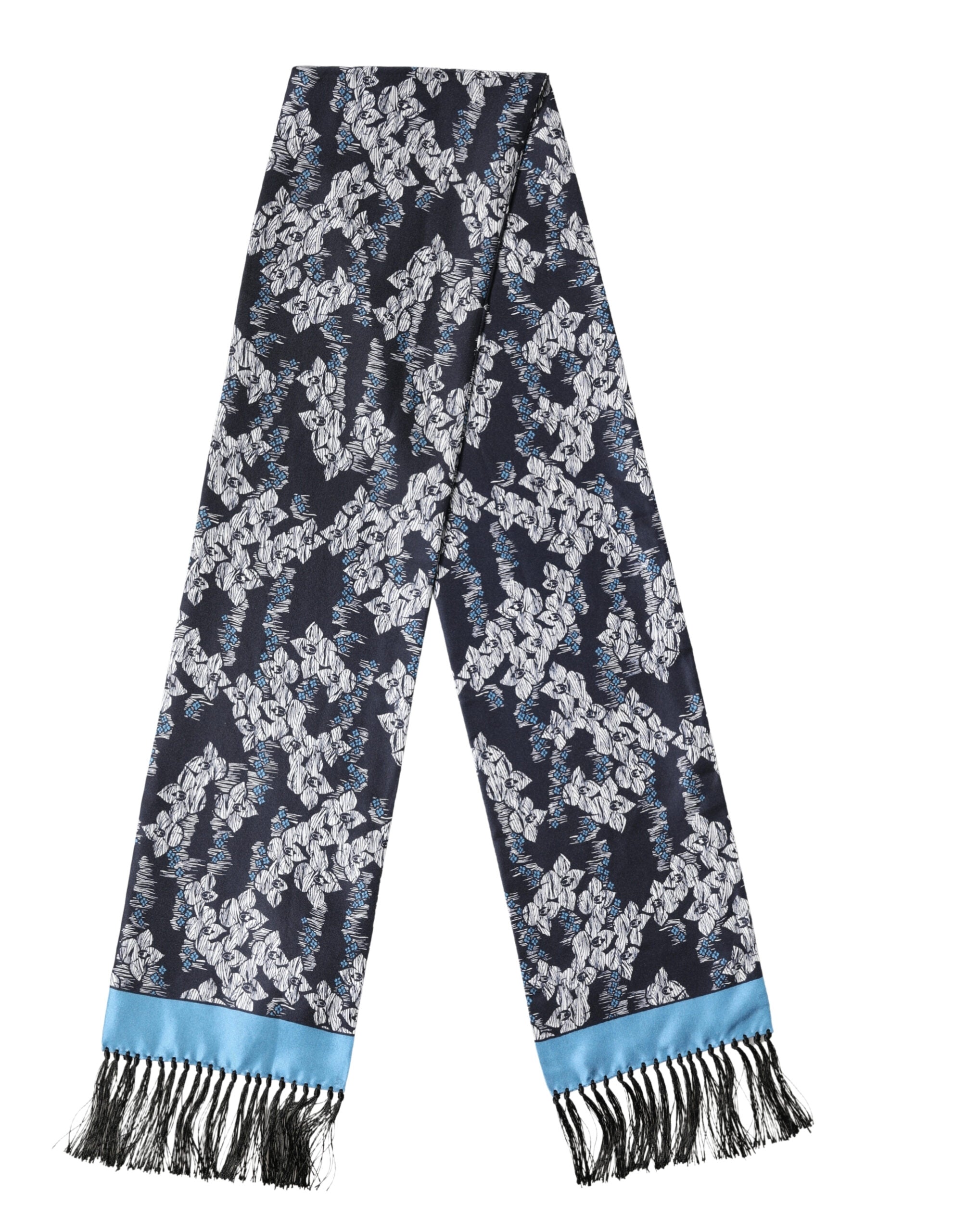 Black Blue Silk Floral Pattern Fringe 140cm x 16cm  Scarf