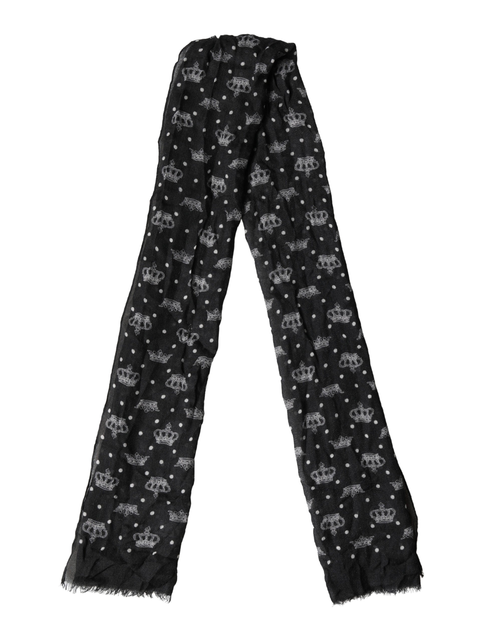 Black Wool Crown Print Fringe Neck Wrap 180cm x 65cm Scarf