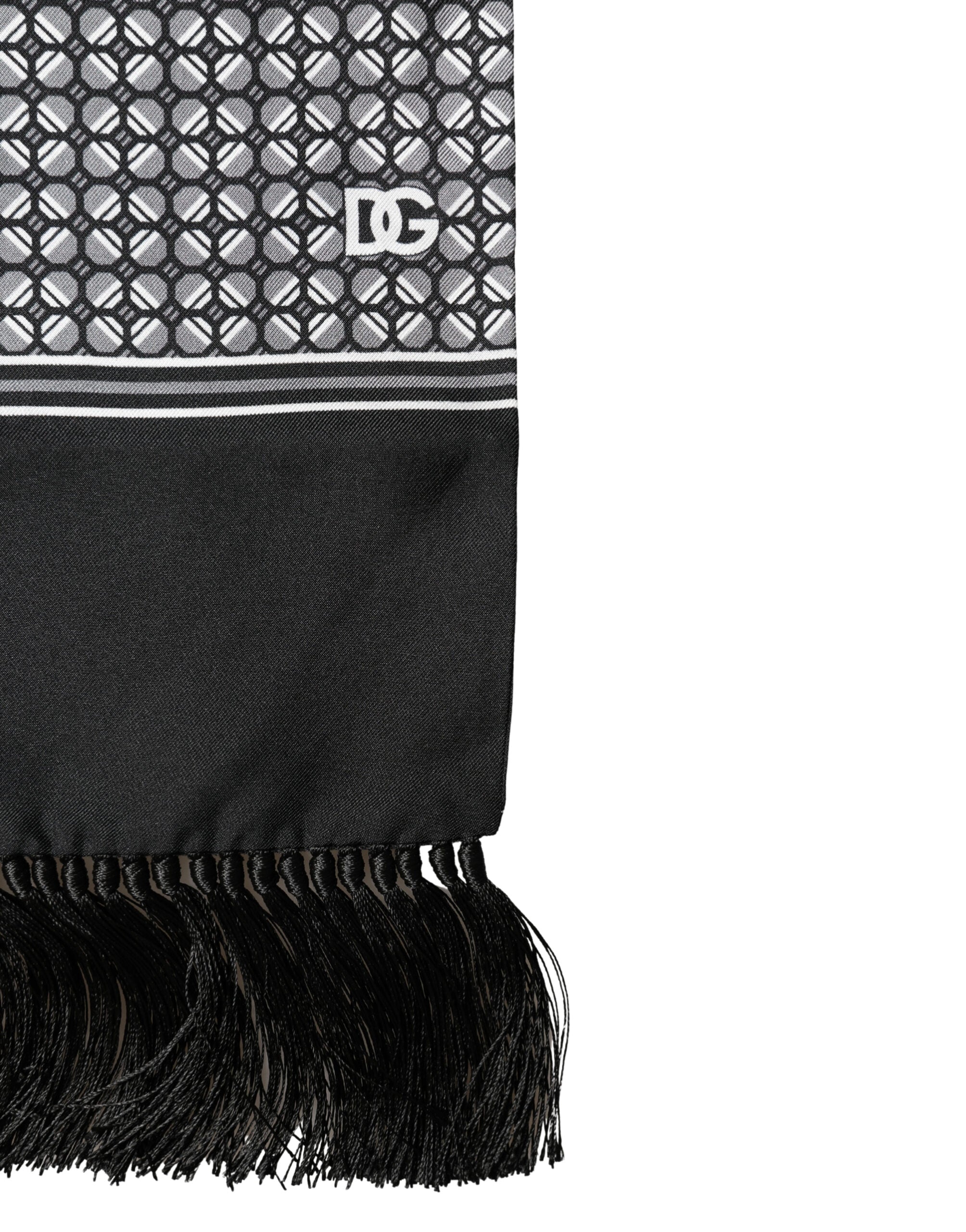 Black Silk Geometric Fringed Foulard 140cm x 15cm Scarf