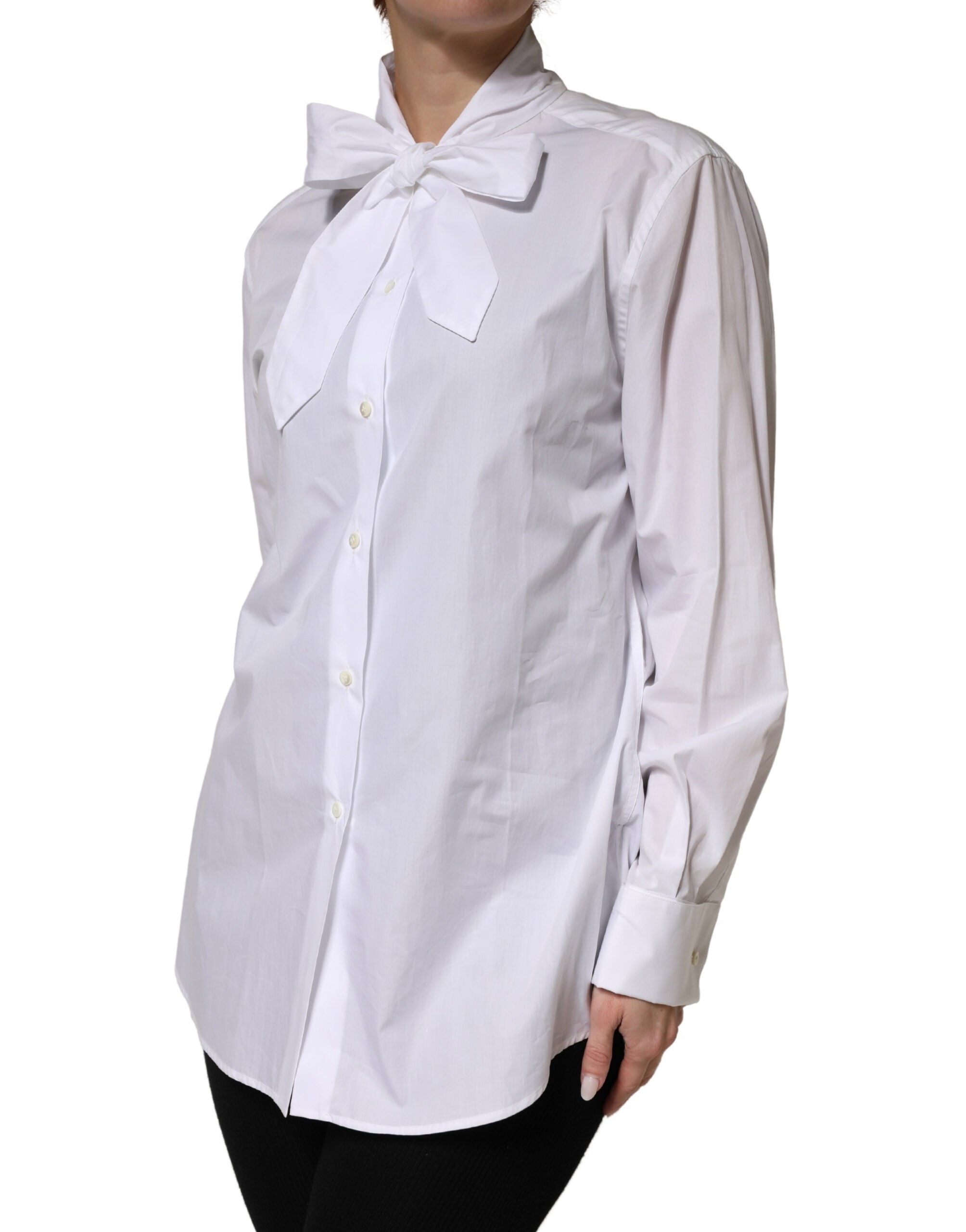 White Cotton Bow Tie Long Sleeves Blouse Top