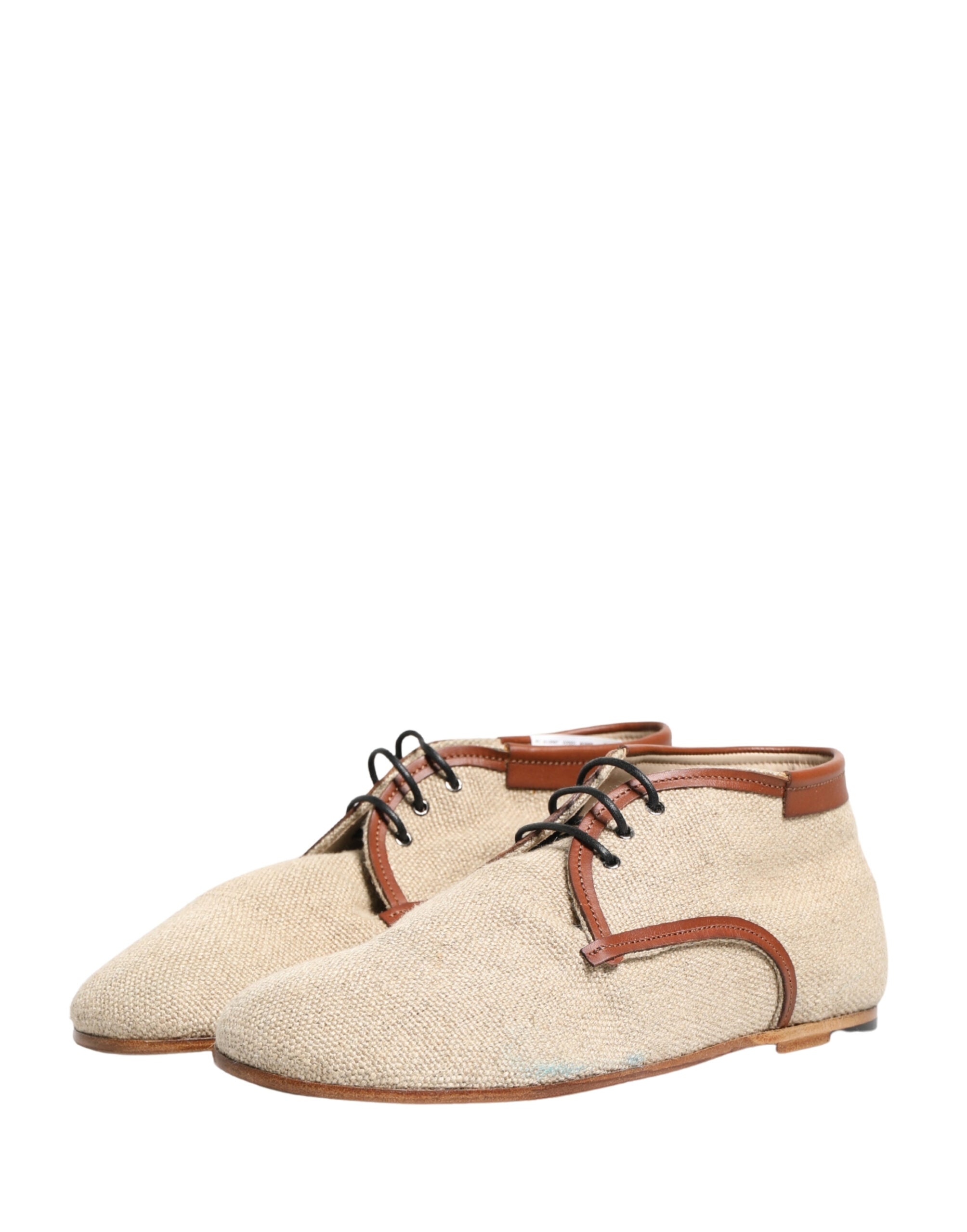 Beige Canvas Leather Trim Dress Derby Shoes
