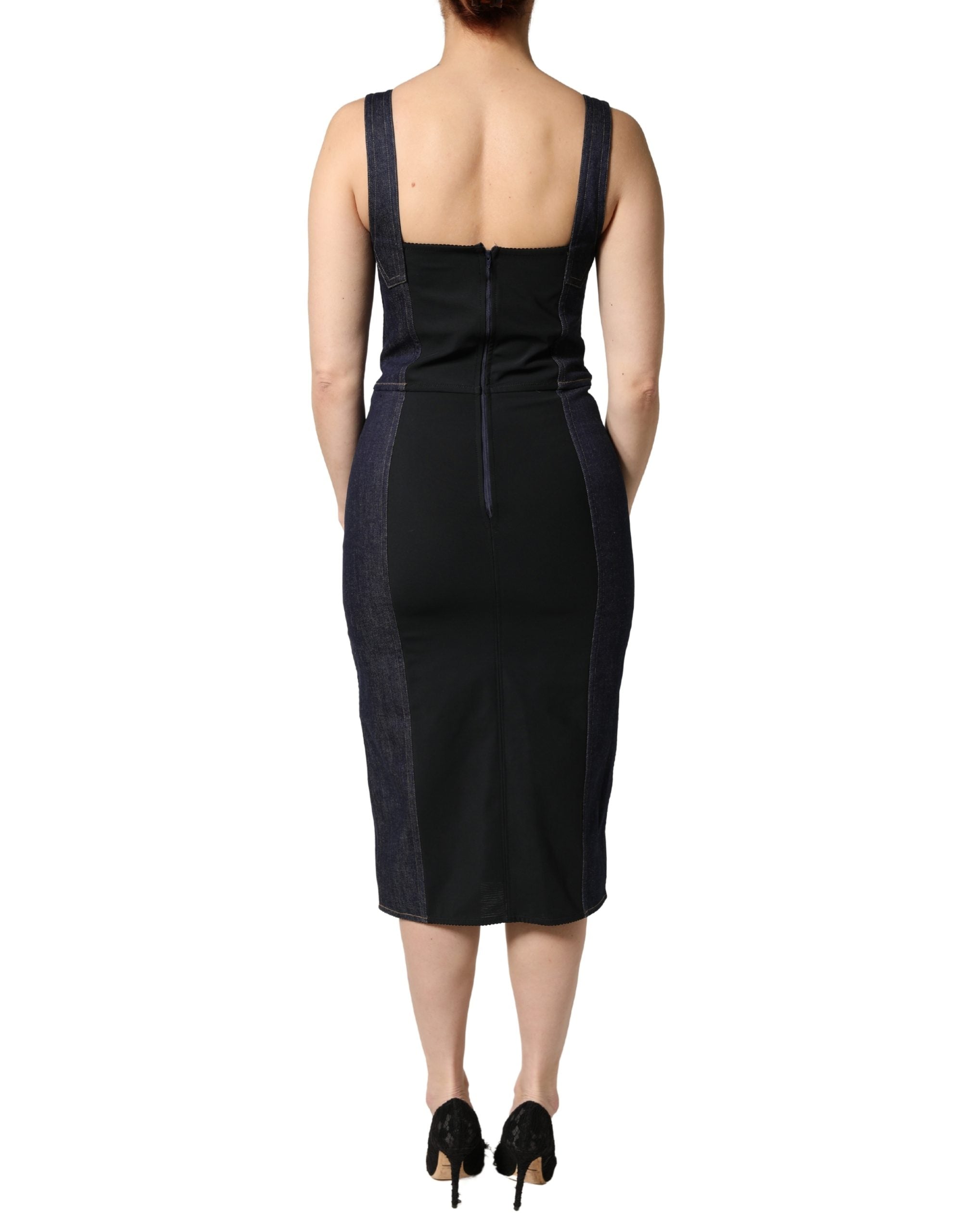 Dark Blue Cotton Denim Sheath Midi Dress