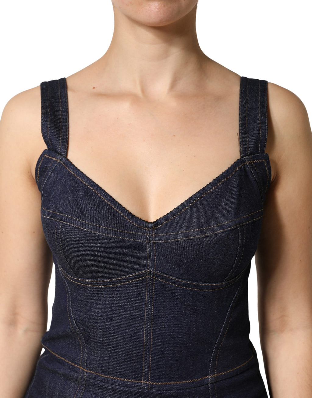 Dark Blue Cotton Denim Sheath Midi Dress