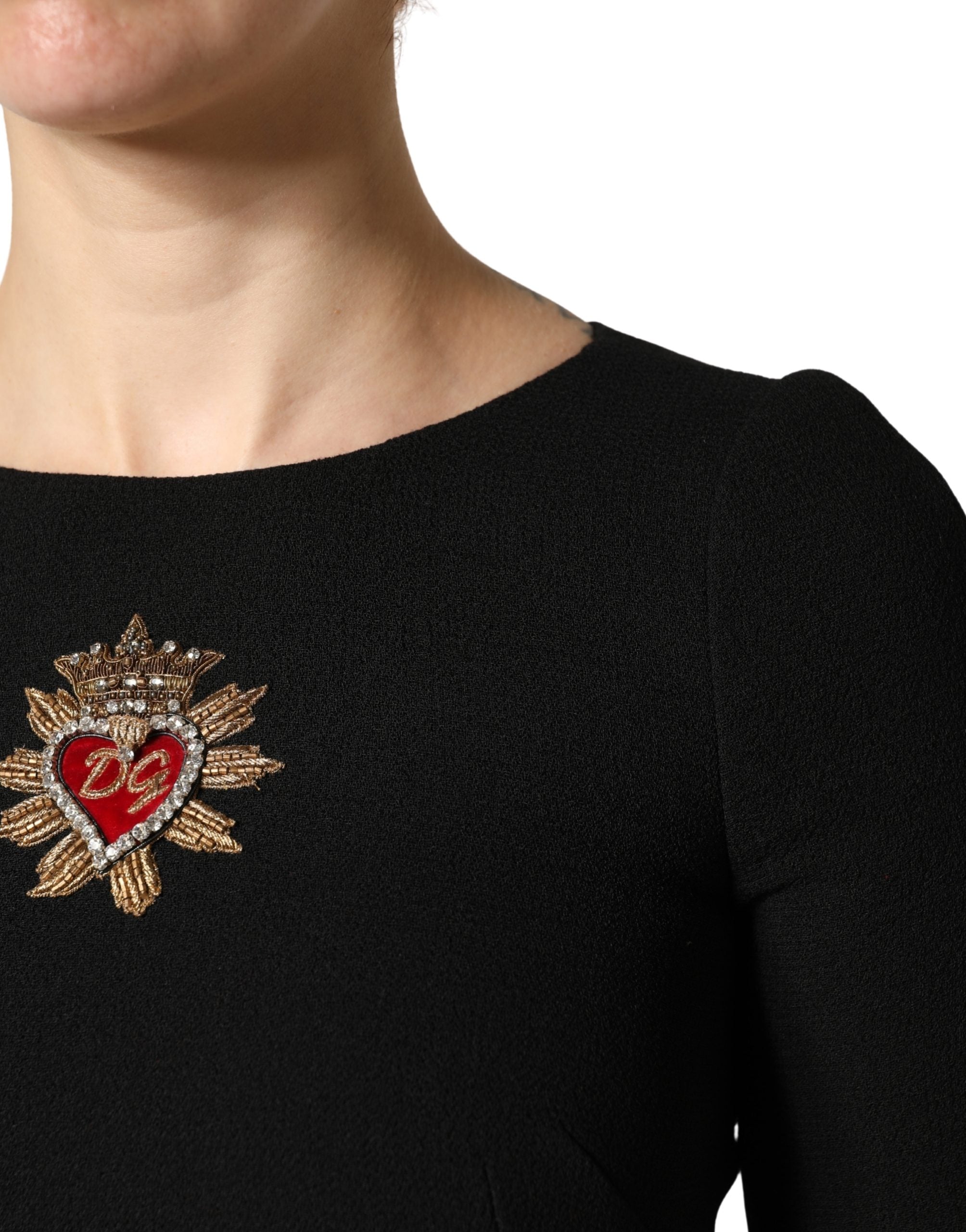 Black Wool Sacred Heart Patch Midi Dress