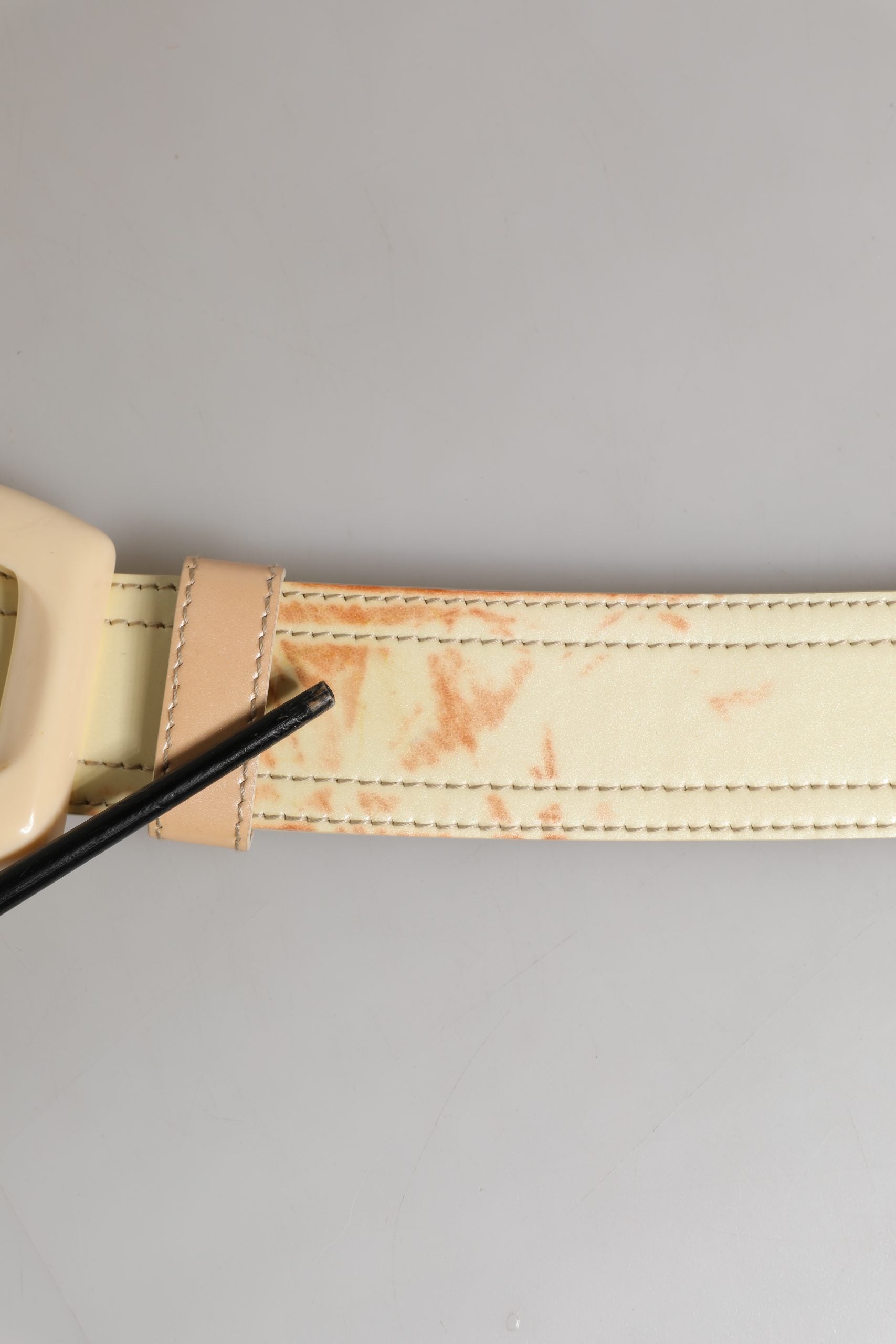 Beige Leather Logo Wide Waist Women Square Buckle Belt
