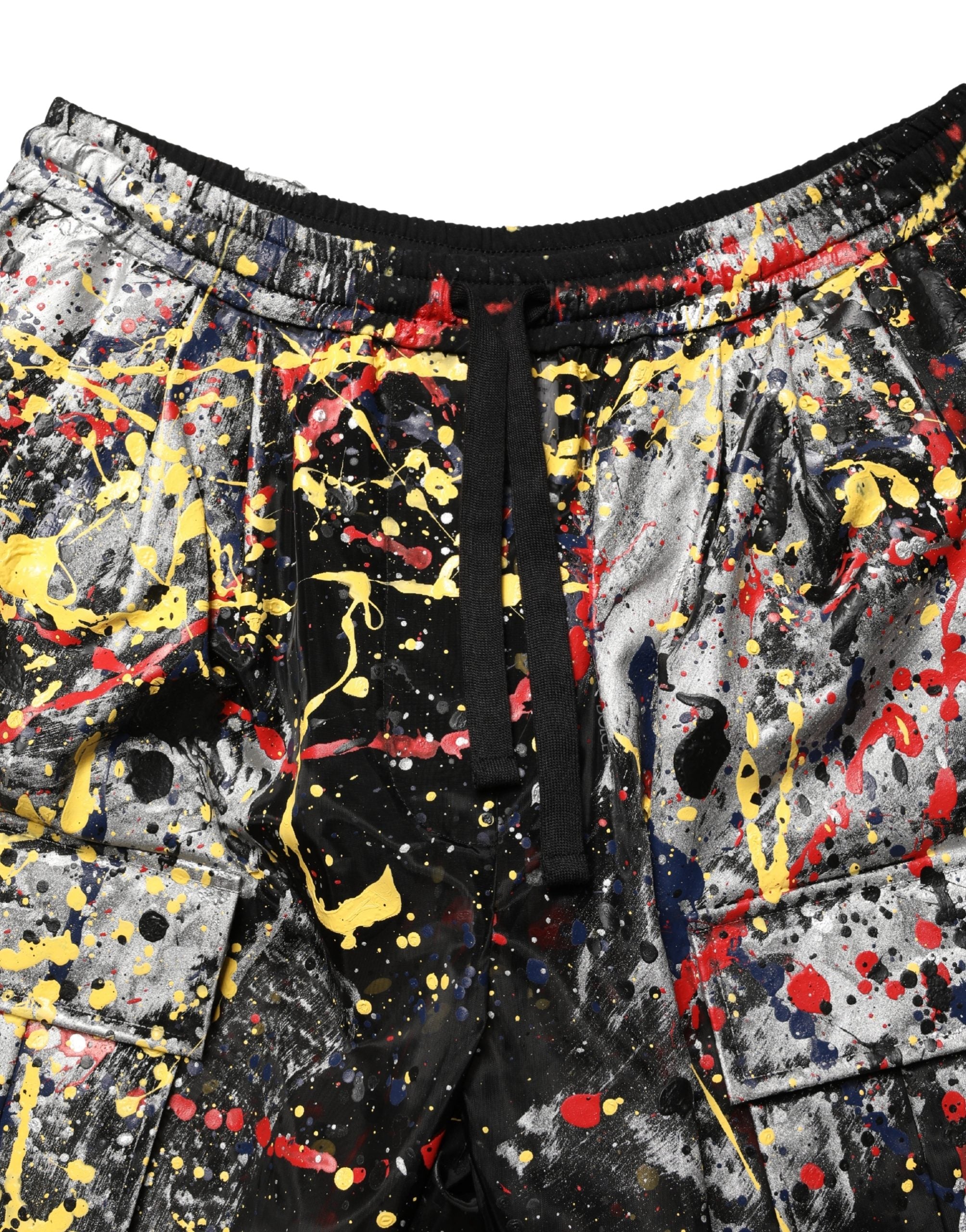 Black ColorSplash Effect Cargo Cropped Pants