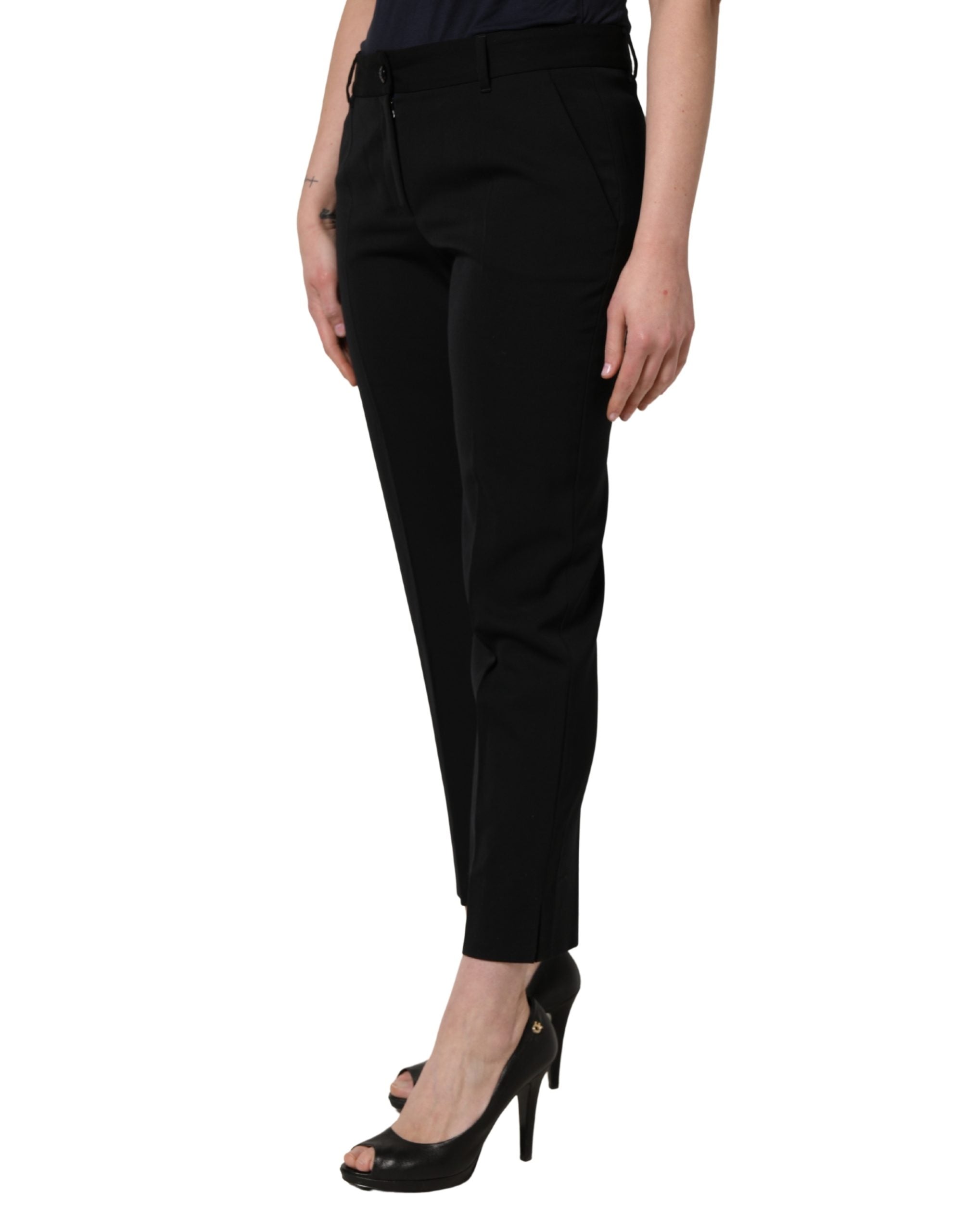 Black Wool High Waist Cropped Tapered Pants
