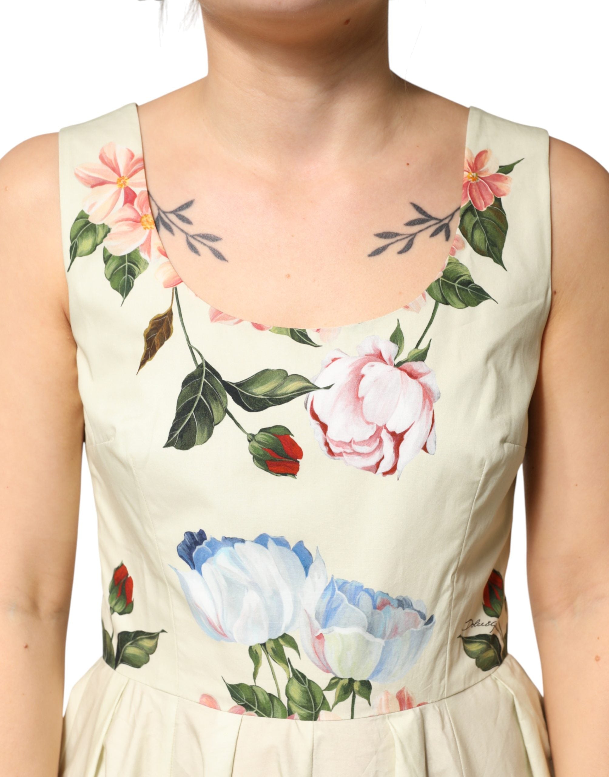 Beige Floral Sleeveless A-line Midi Dress