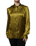 Green Satin Long Sleeve Ascot Tie Shirt Top