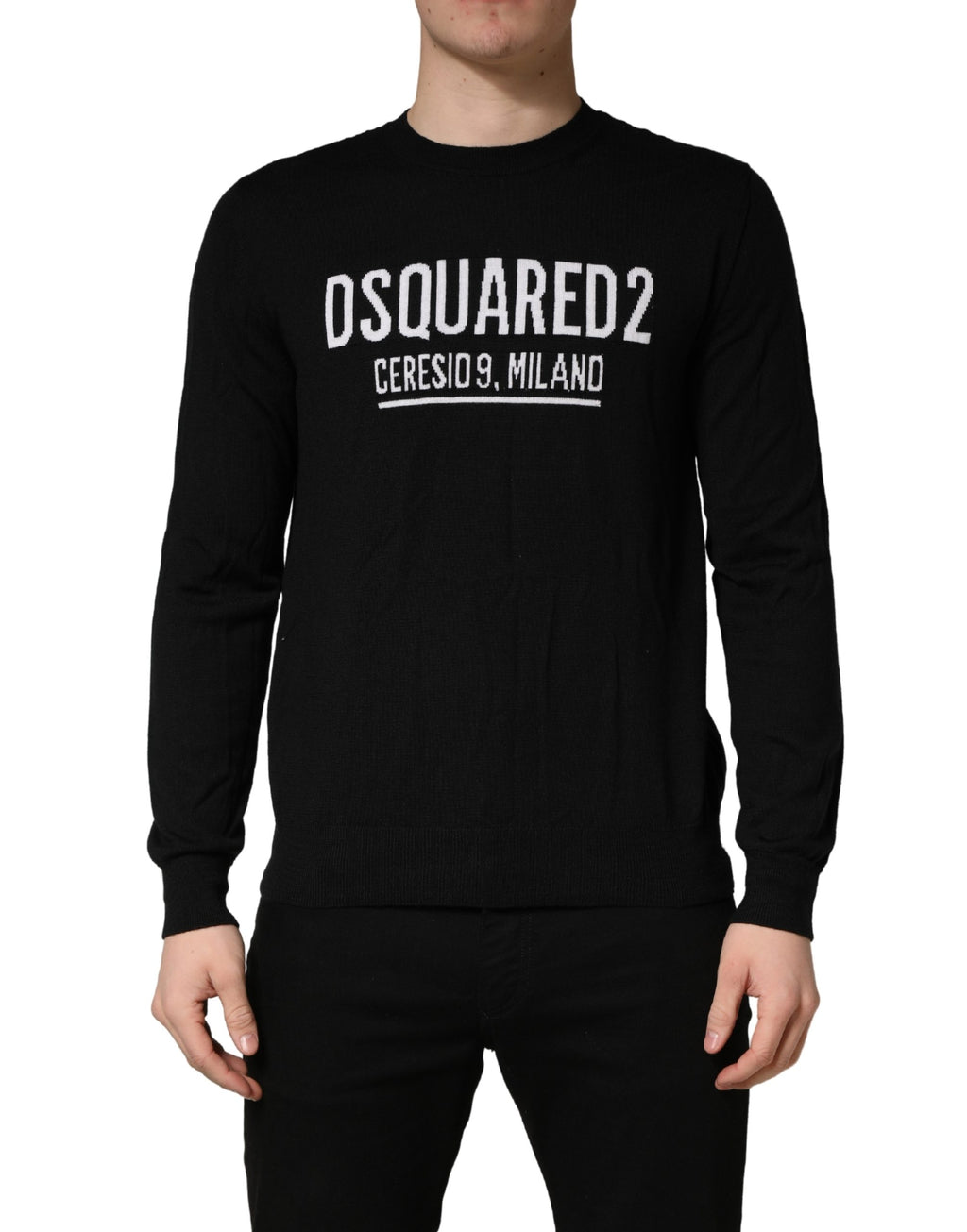 Black Logo Knitted Crew Neck Men Pullover Sweater