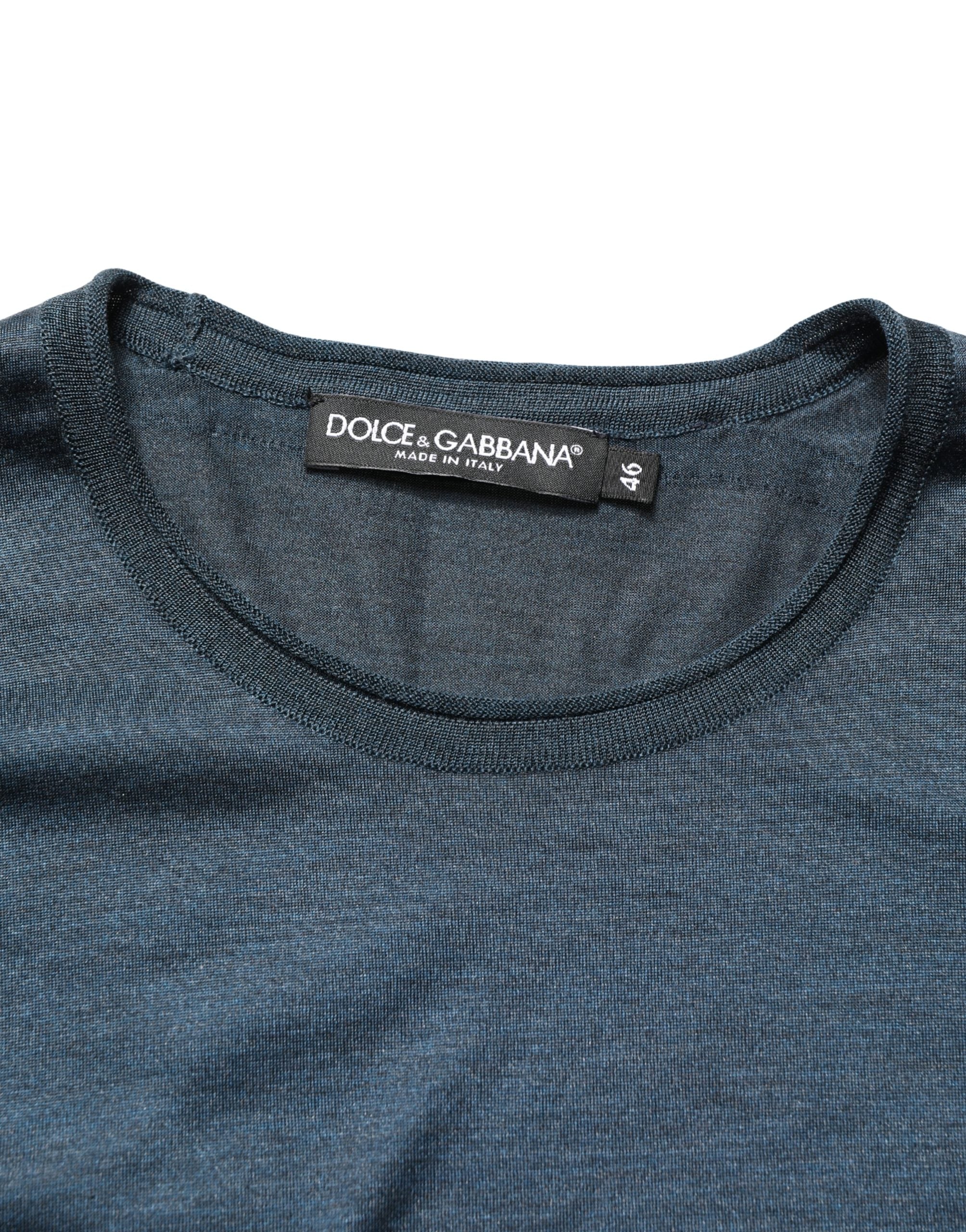 Dark Blue Silk Crew Neck Short Sleeve T-shirt