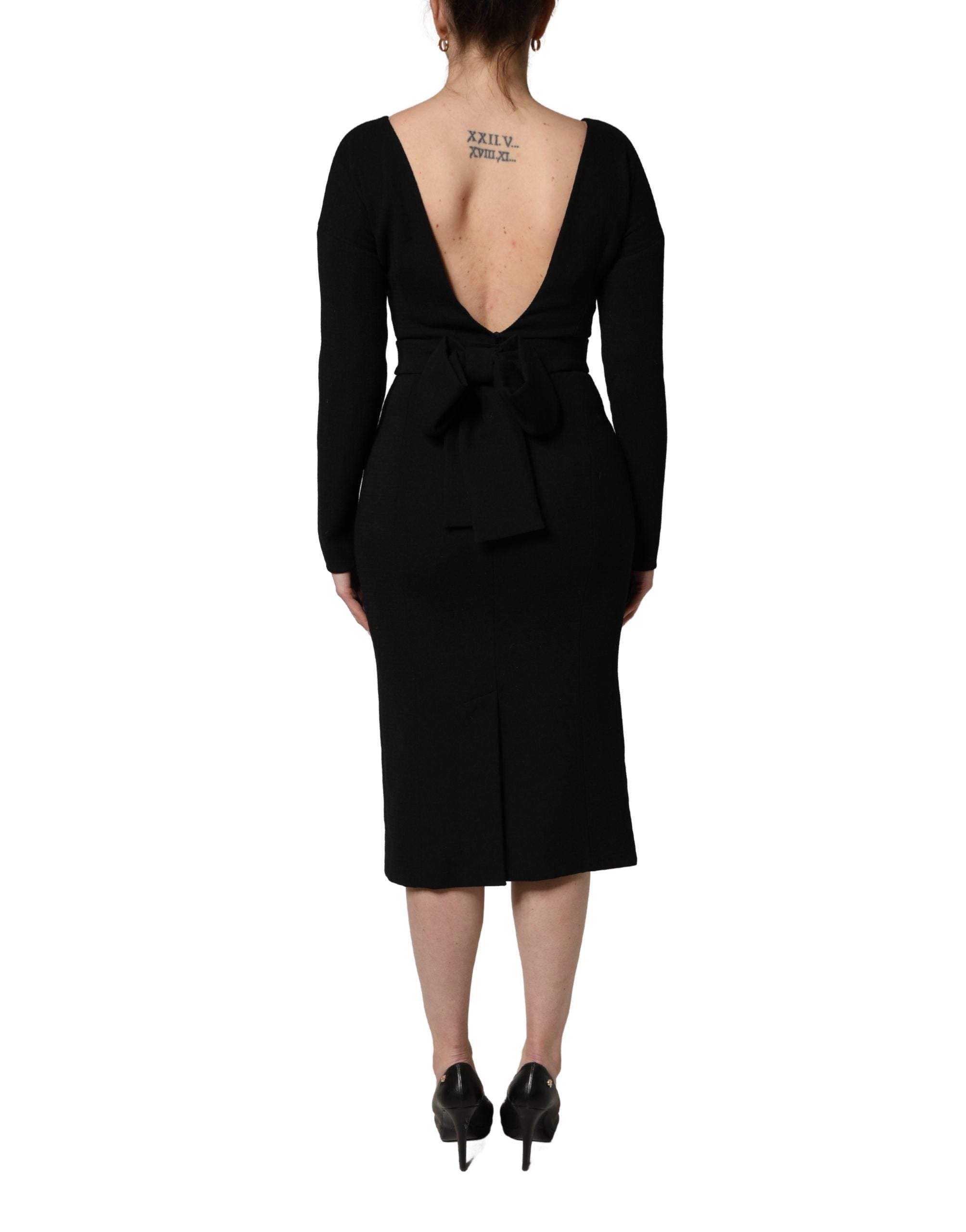 Black Wool Crepe Long Sleeves Midi Dress