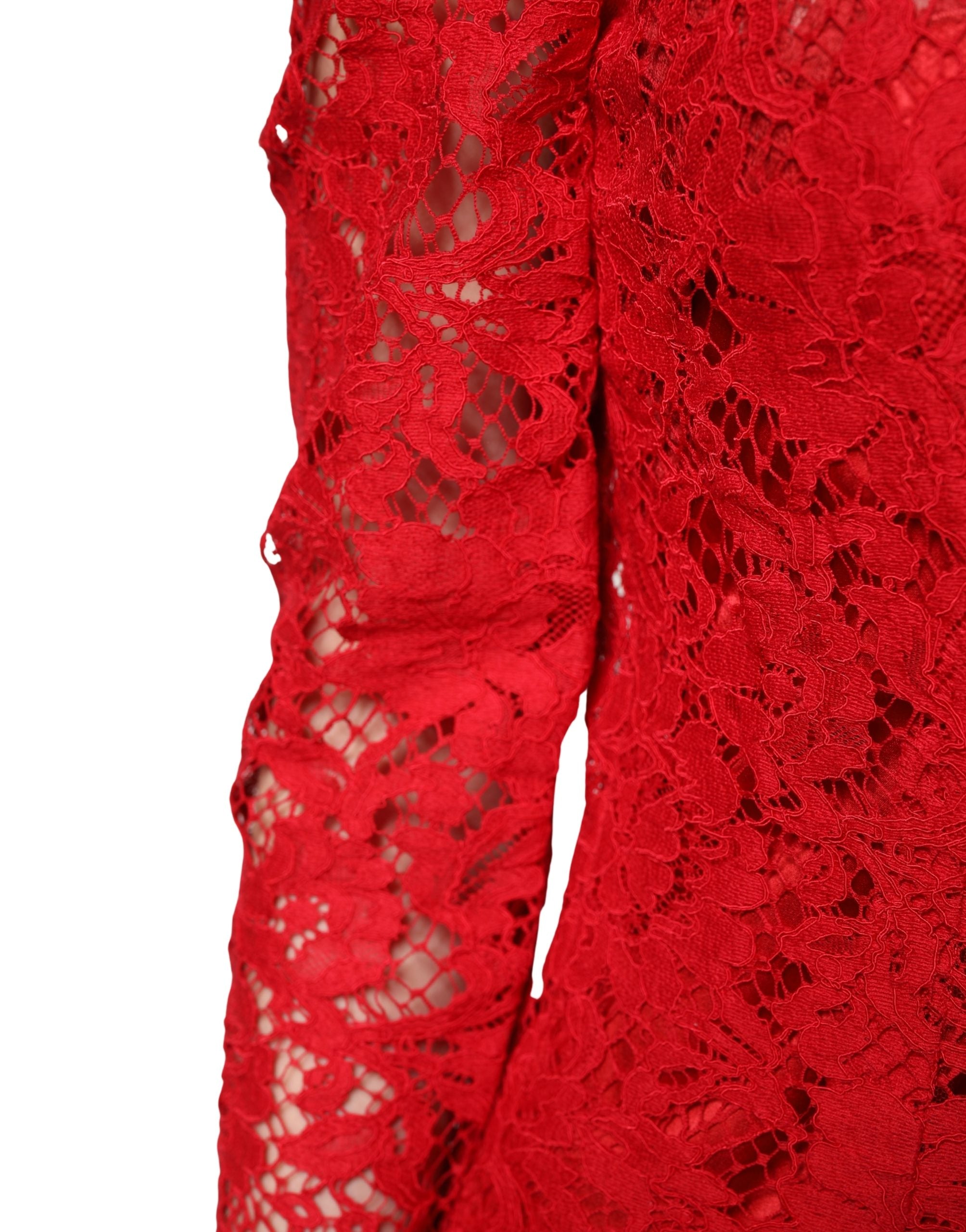 Red Lace Floral Embroidery Long Sleeves Top