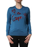 Blue Silk Sequined CrewNeck Pullover Sweater