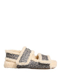 Beige Faux Fur Logo Print Flats Sandals Shoes