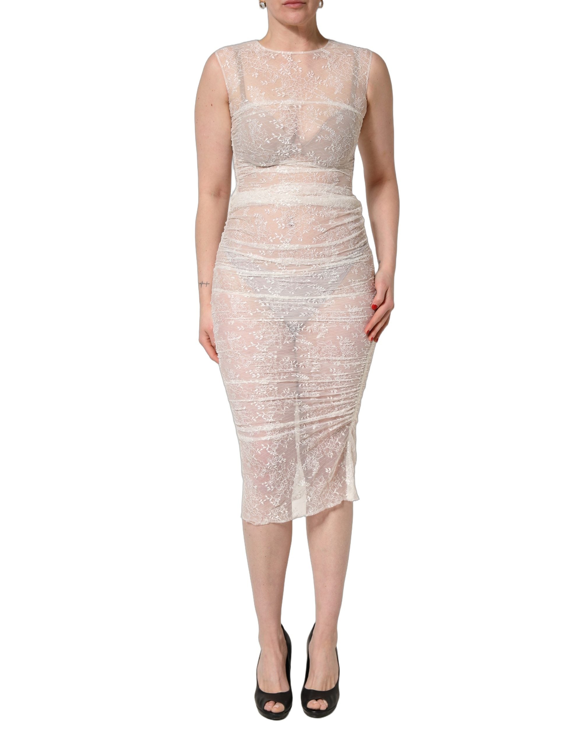 White Floral Lace Sheer Sleeveless Midi Dress