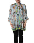 Light Blue Floral-Print Chiffon Blouse Top