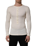 White Long Sleeves Henley Pullover Sweater