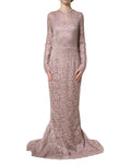 Pink Lace Long Sleeves Evening Gown Dress