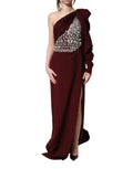 Maroon Crystal One Shoulder EveningGown Dress