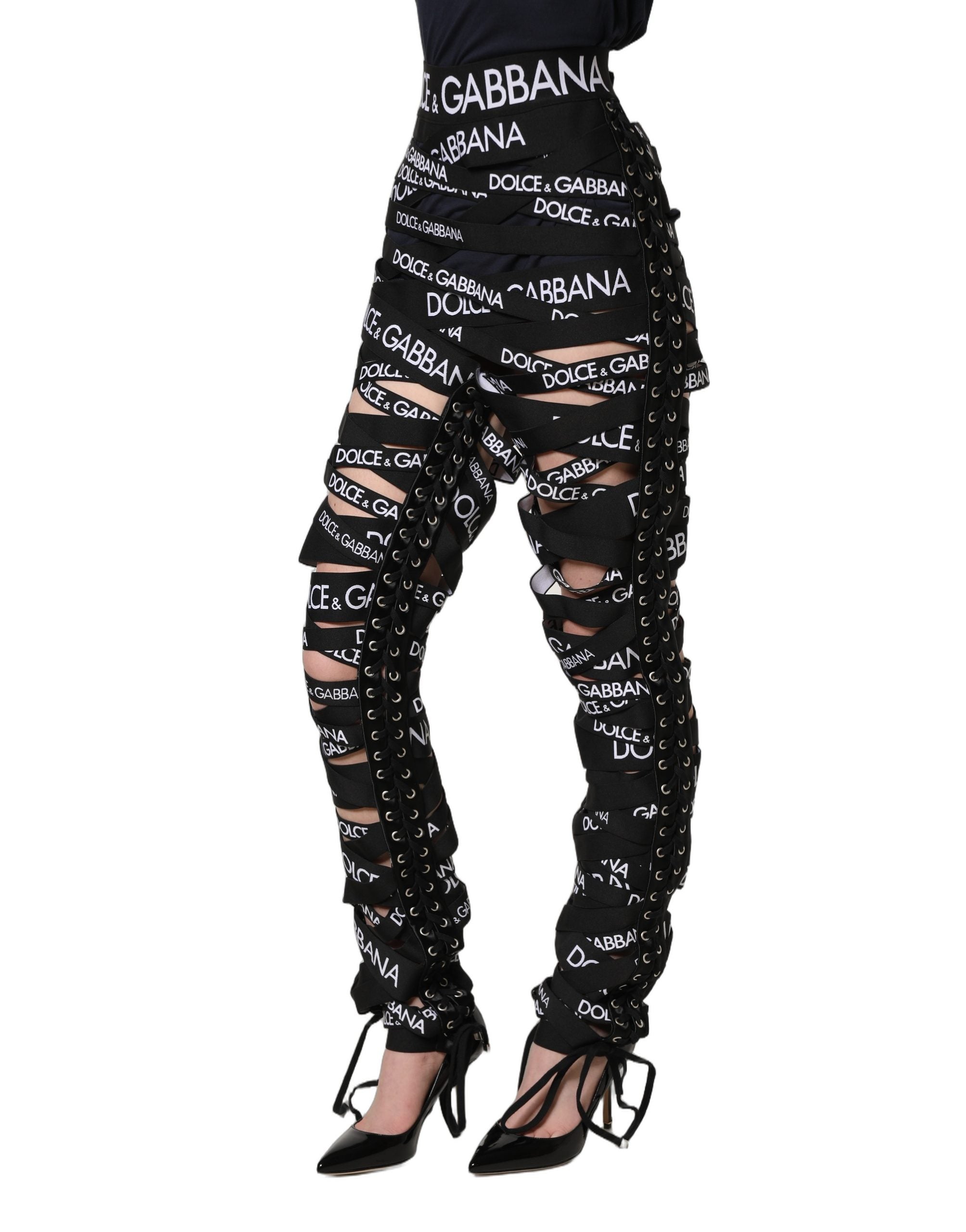 Black Logo Tape Cut Out Skinny High Waist Pants