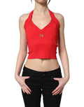 Red Viscose Sleeveless Halter Crop Tank Top