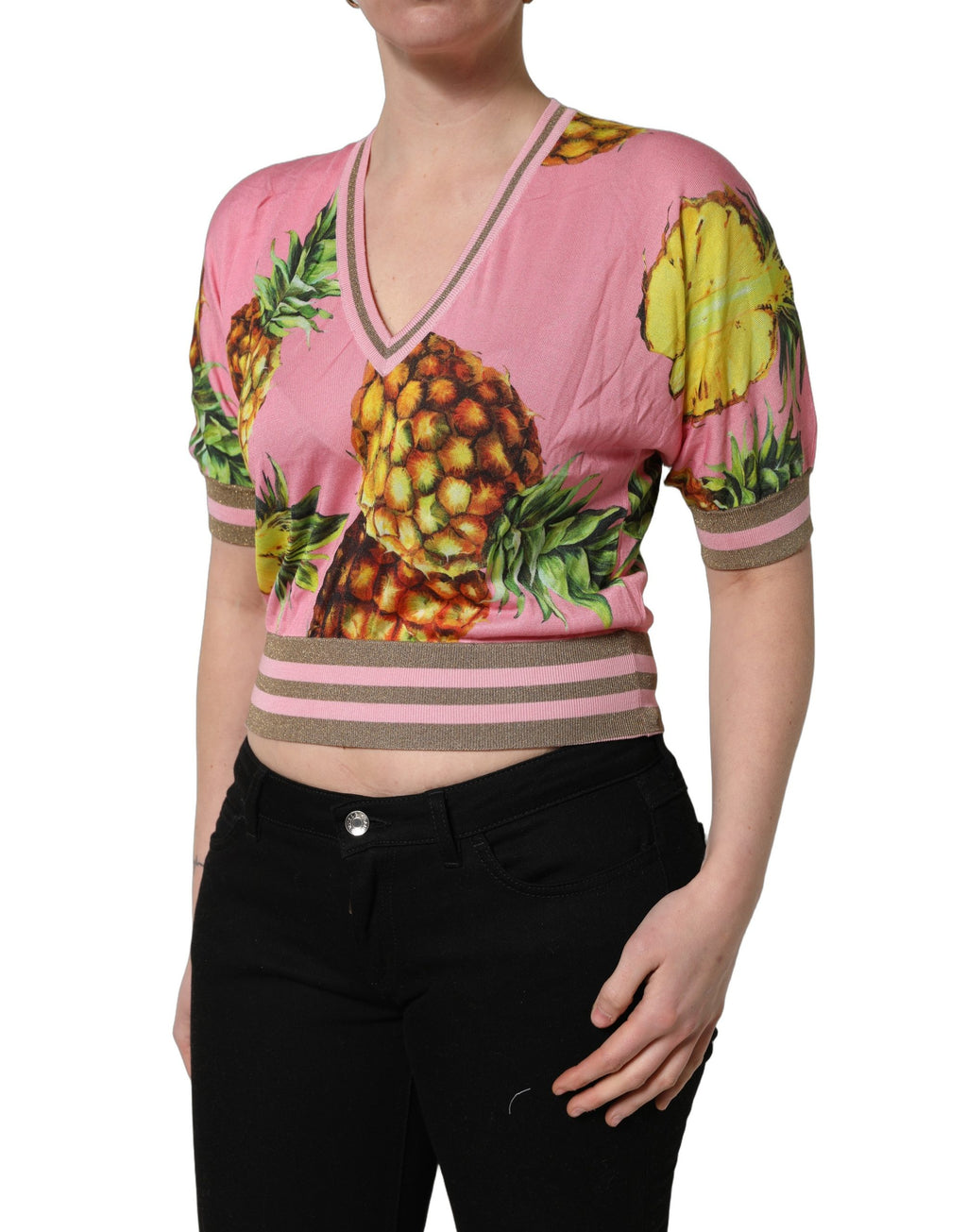 Pink Pineapple Vneck Short Sleeve Cropped Top