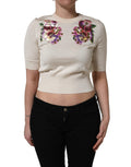 Beige Floral Print Silk CrewNeck Pullover Top