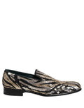 Gold Striped Sequin Embellished Loafer Shoes
