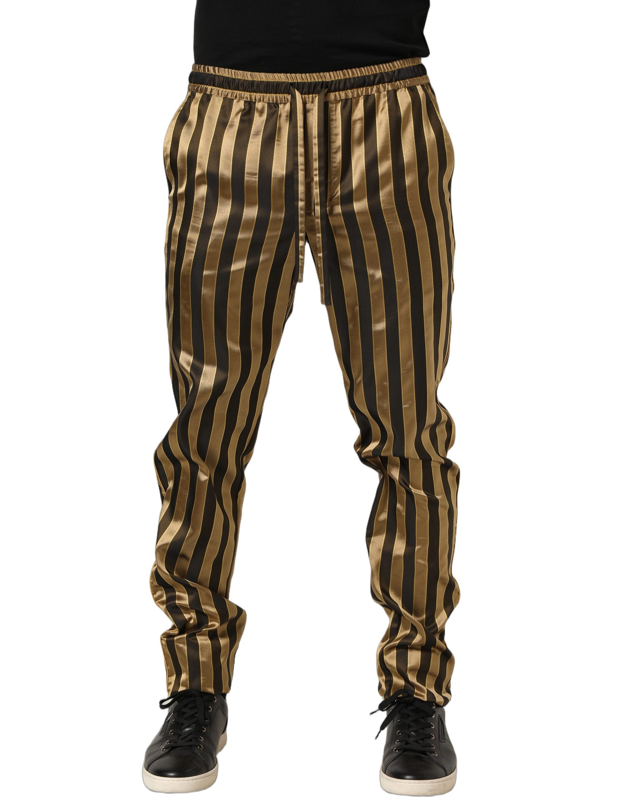 Gold Black Stripes Satin Tapered Leg Men Pants
