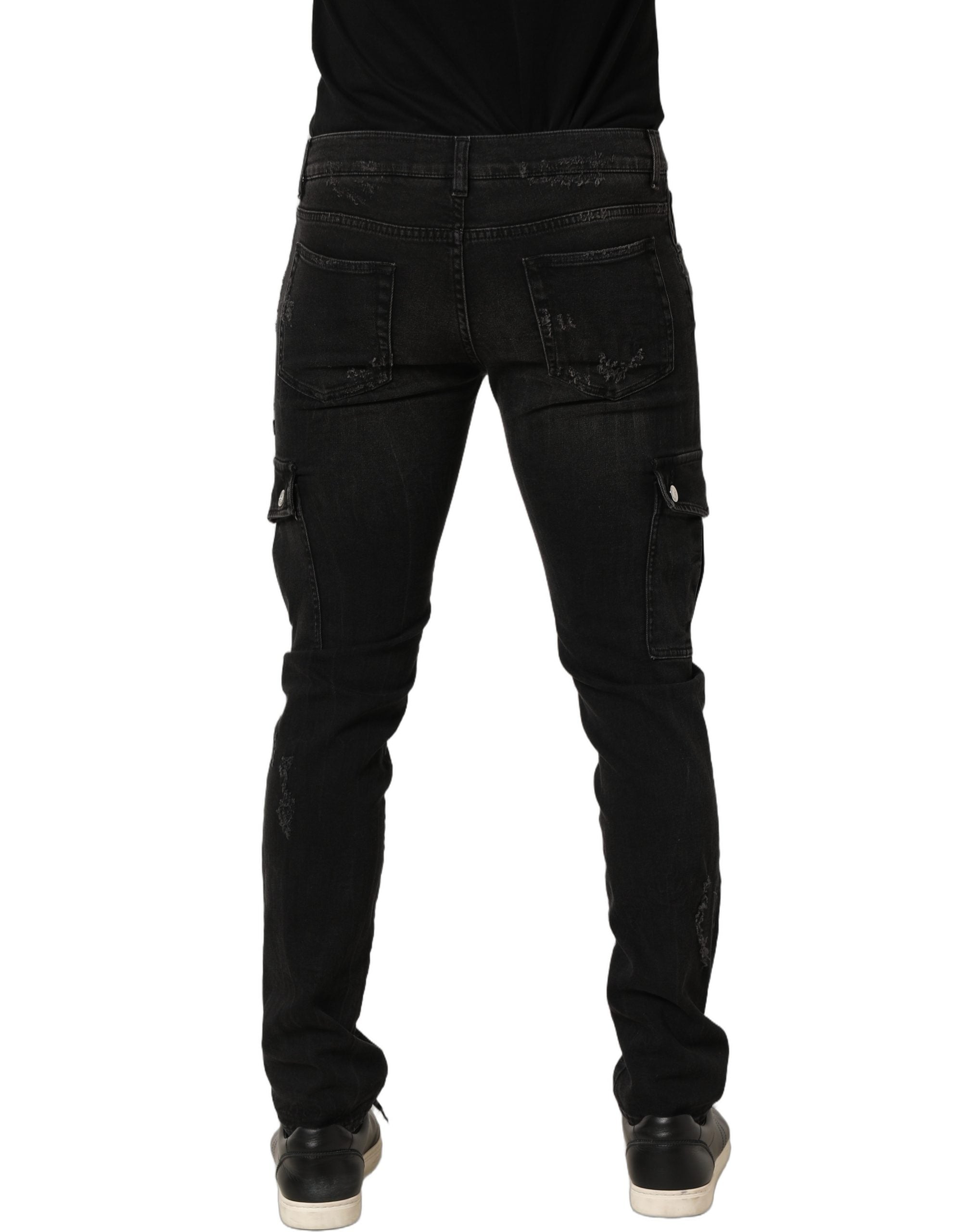 Black Distressed Cargo Cotton Men Denim Jeans