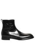 Black Leather Embossed Logo Ankle Boots Shoes