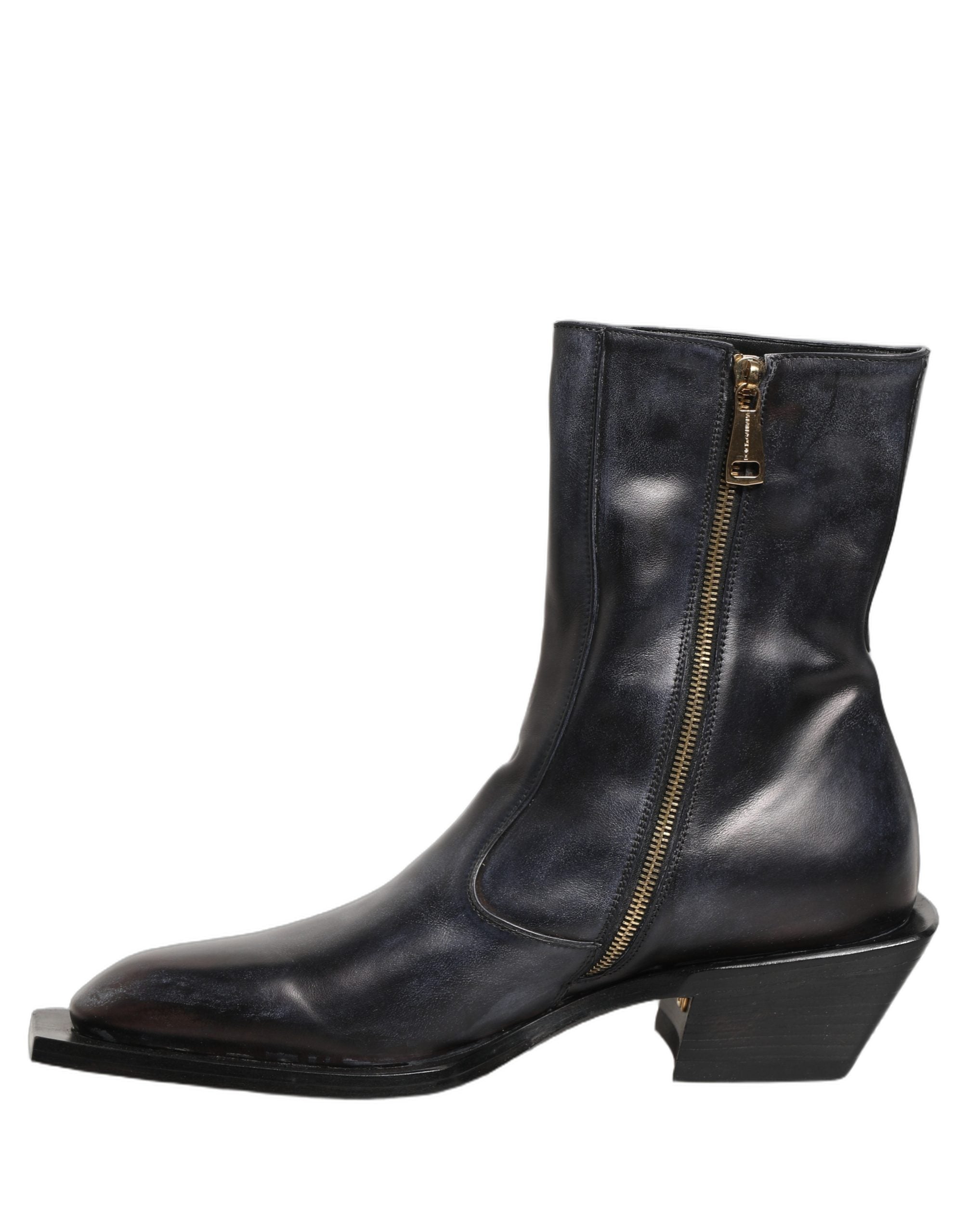 Black Leather Shiny Tex Mid Calf Boots Shoes