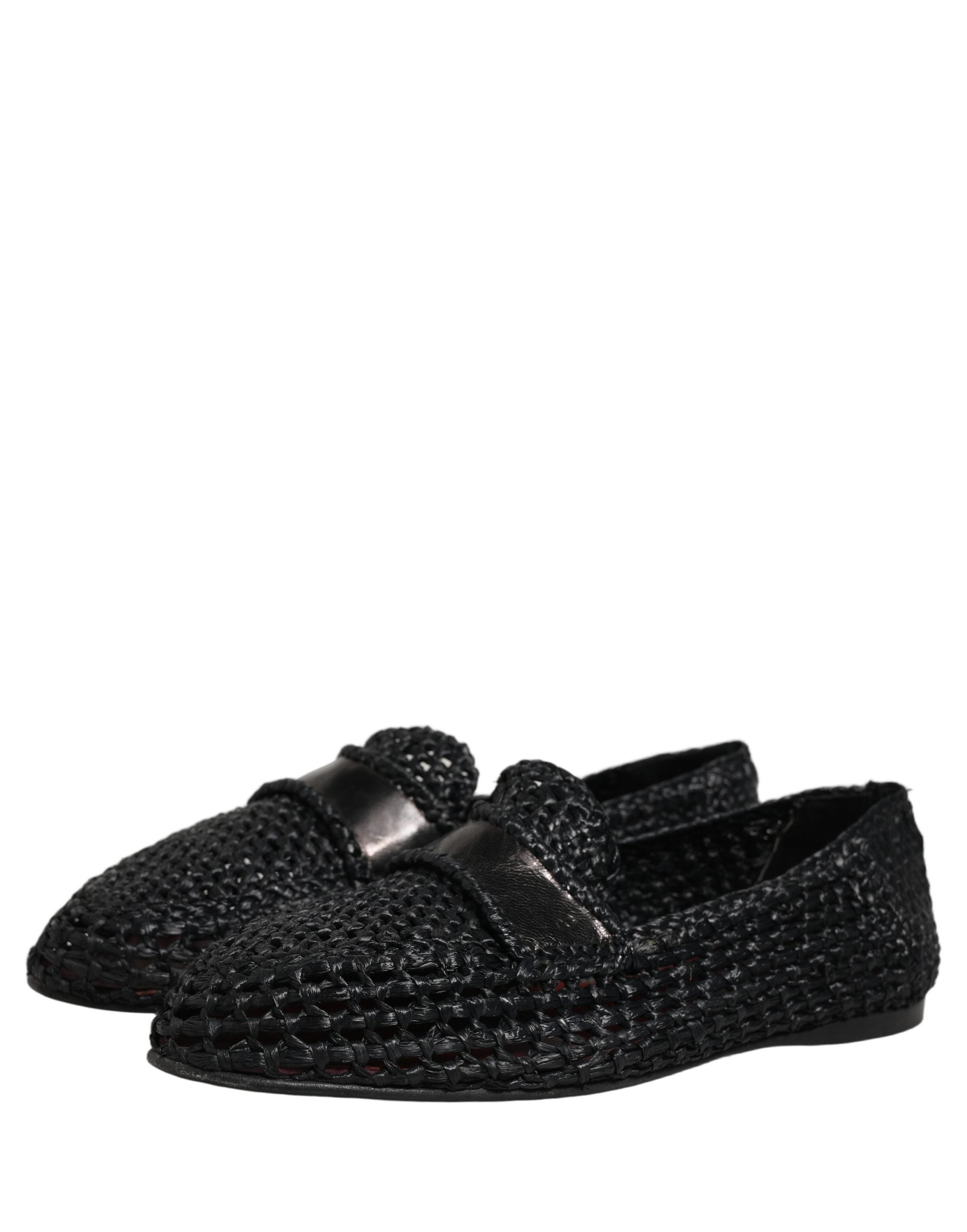 Black Woven Leather Slip On Loafers Men Shoes
