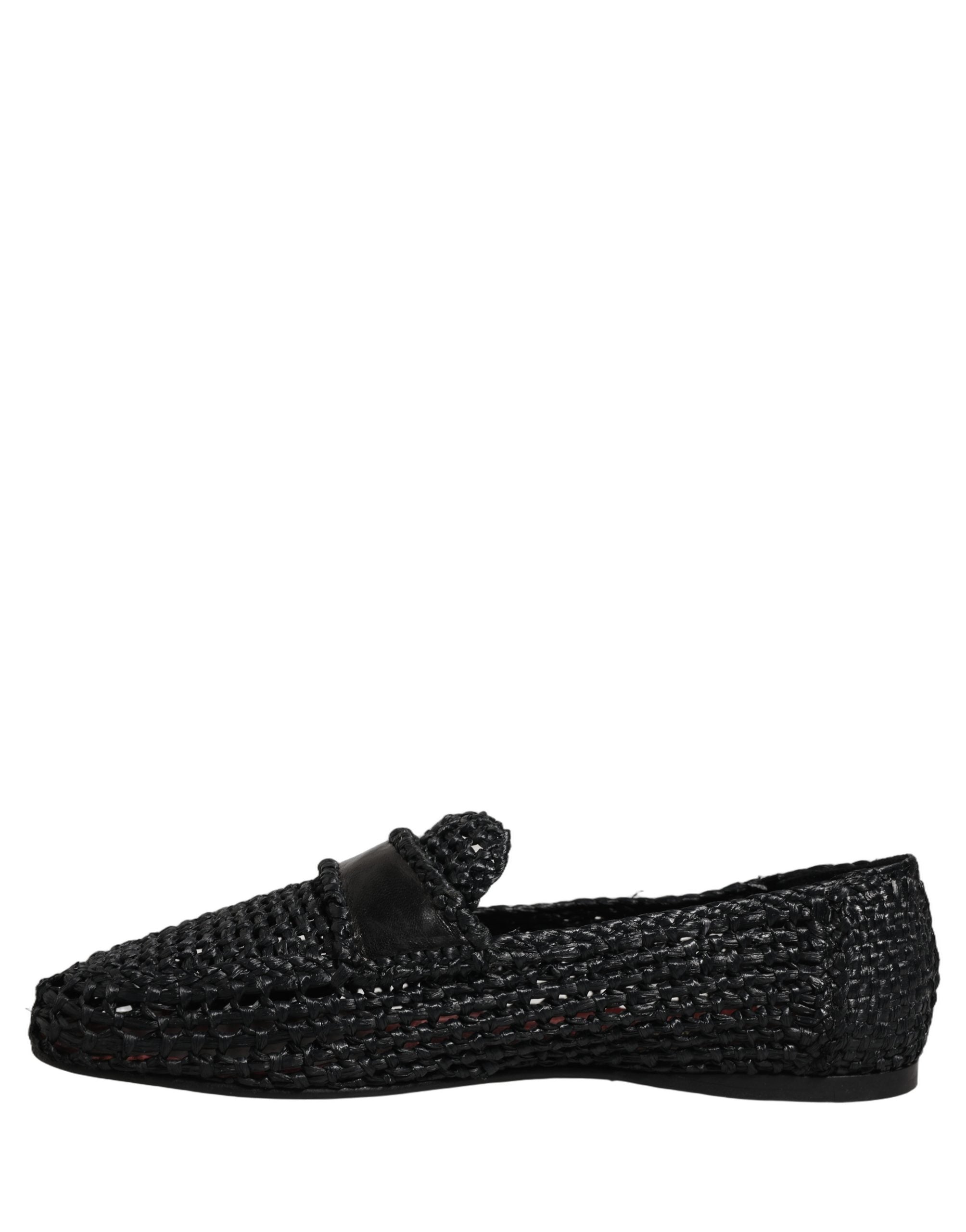 Black Woven Leather Slip On Loafers Men Shoes
