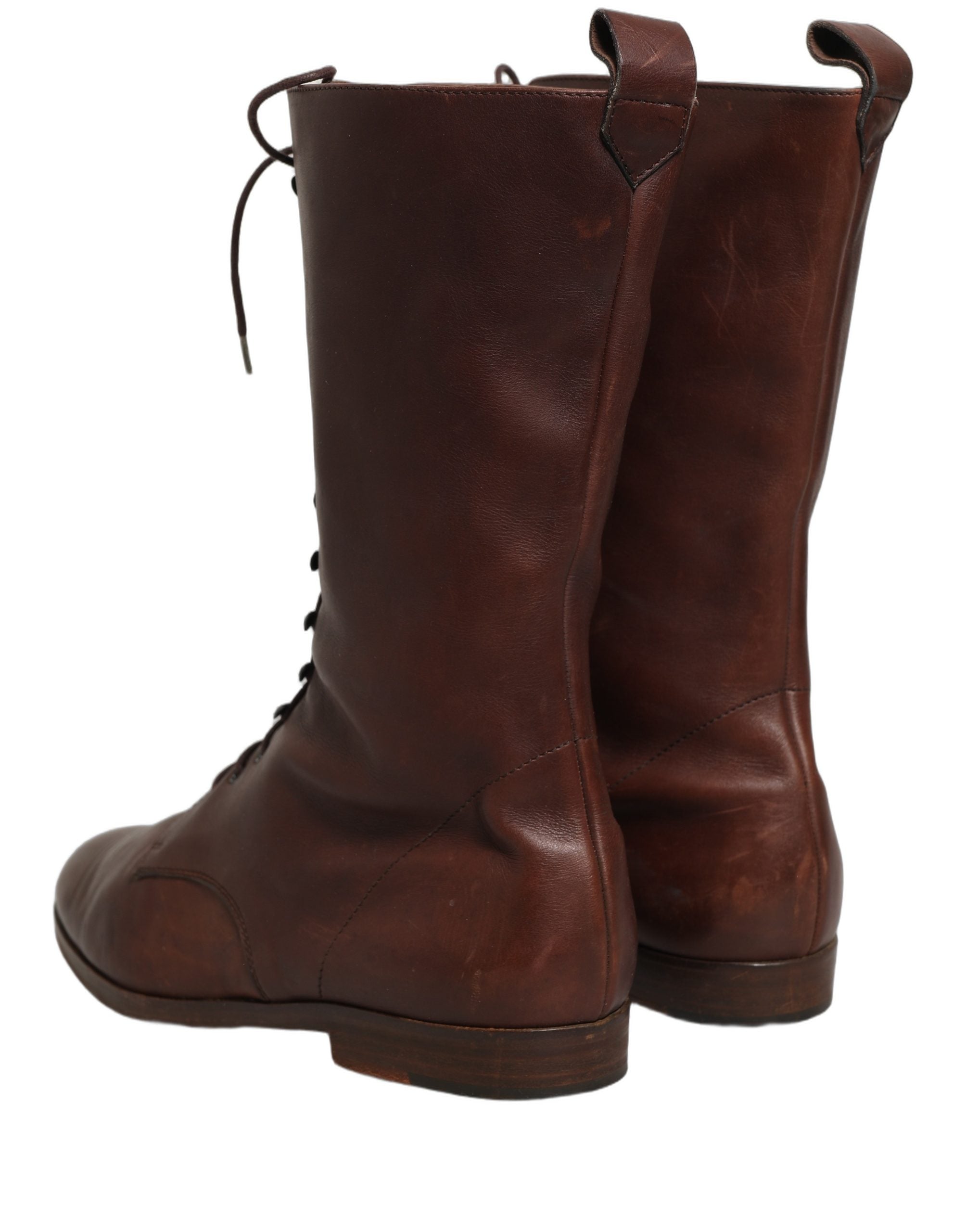 Brown Leather Lace Up Mid Calf Boots Shoes