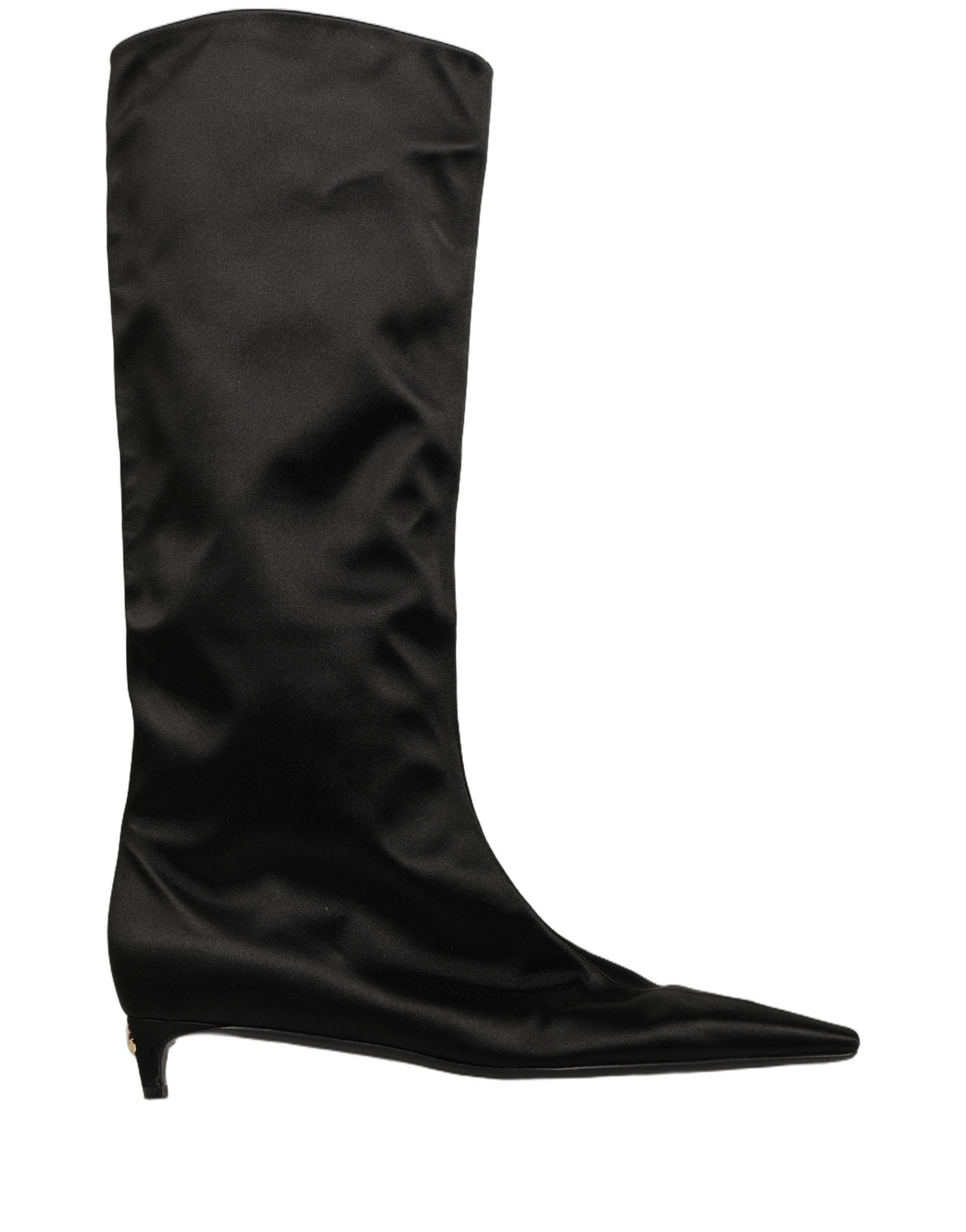 Black Satin Knee High Kitten Boots Shoes
