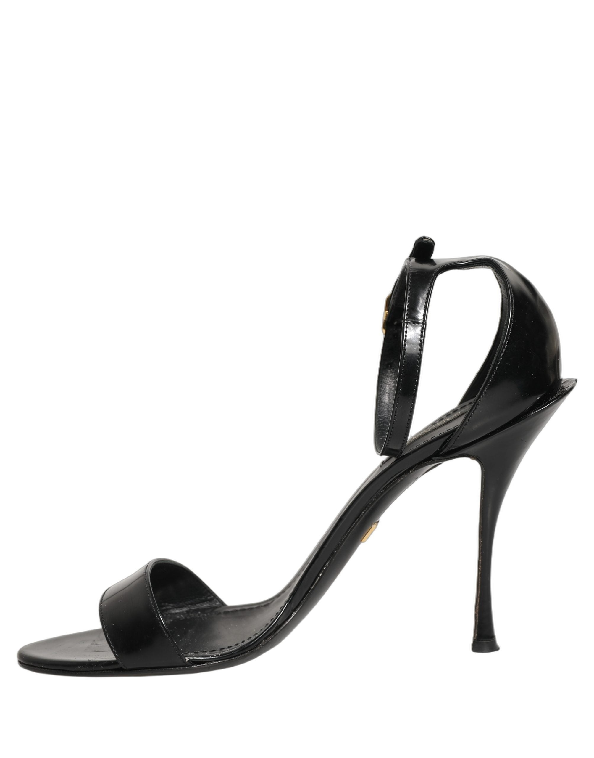 Black Leather Ankle Strap Heels Sandals Shoes