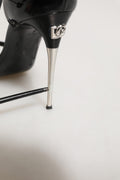Black Leather T-strap Heels Sandals Shoes