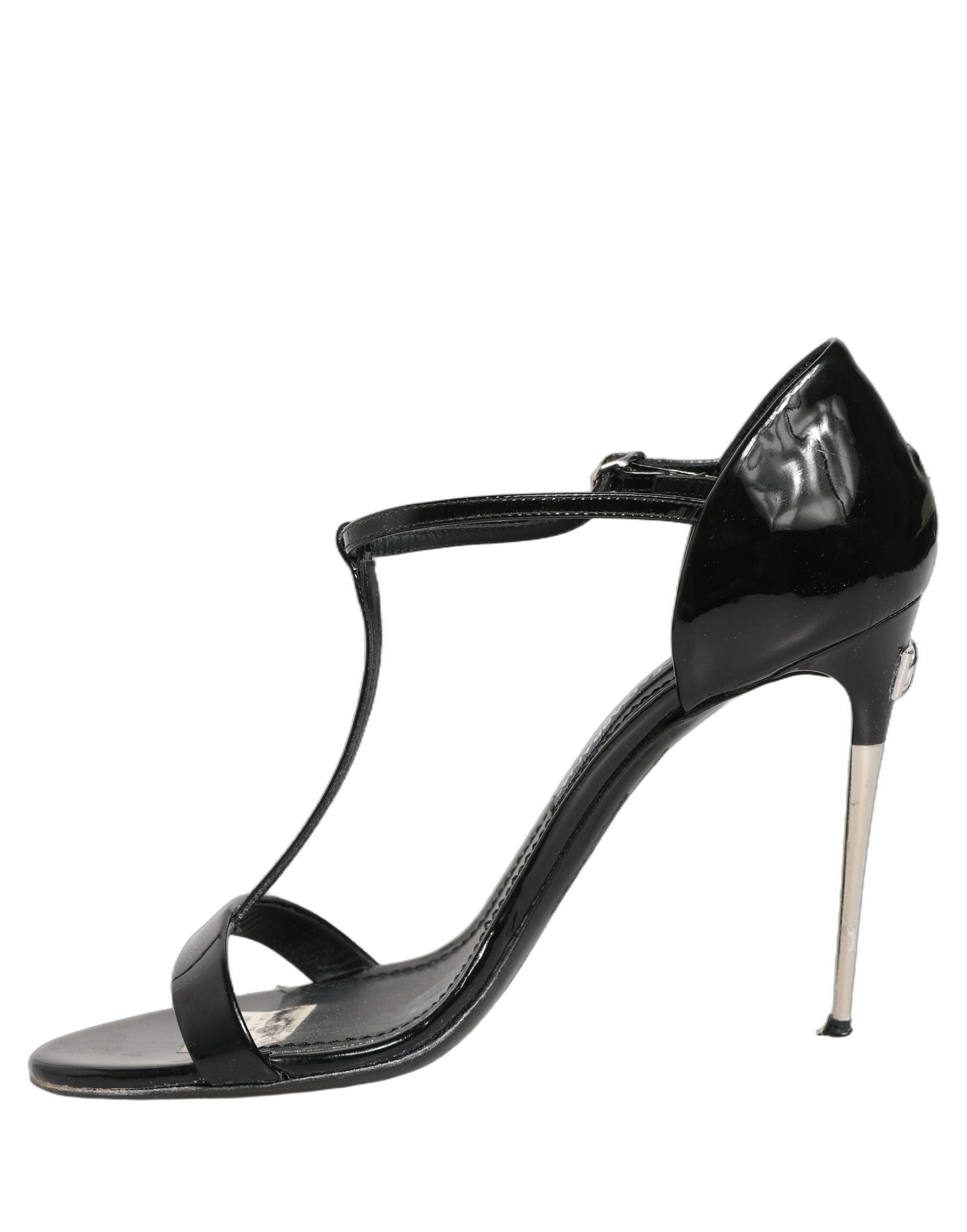 Black Leather T-strap Heels Sandals Shoes