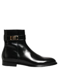 Black Leather Logo Buckle Mid Calf Boots Shoes
