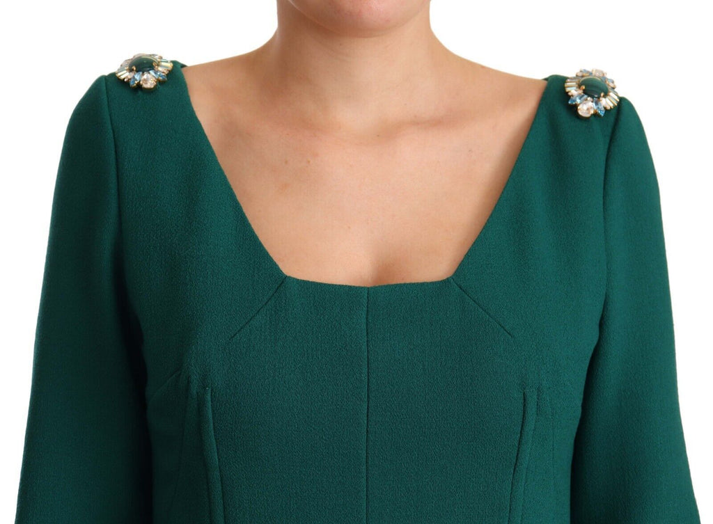 Green Stretch Crepe Crystal Midi Dress