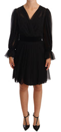 Black Mesh Pleated Mini Silk Stretch Dress