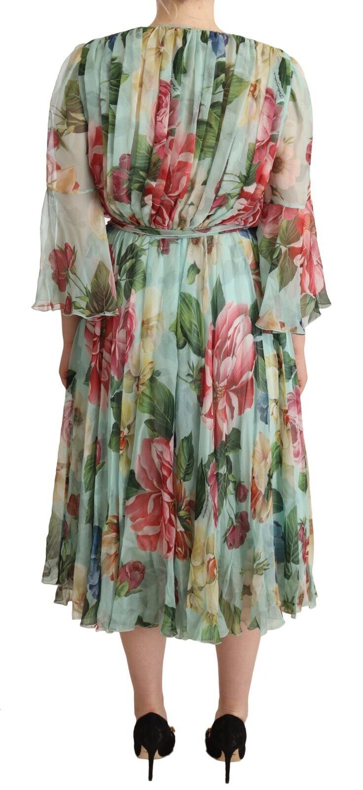 Green Floral Long Sleeves V-neck Midi Dress