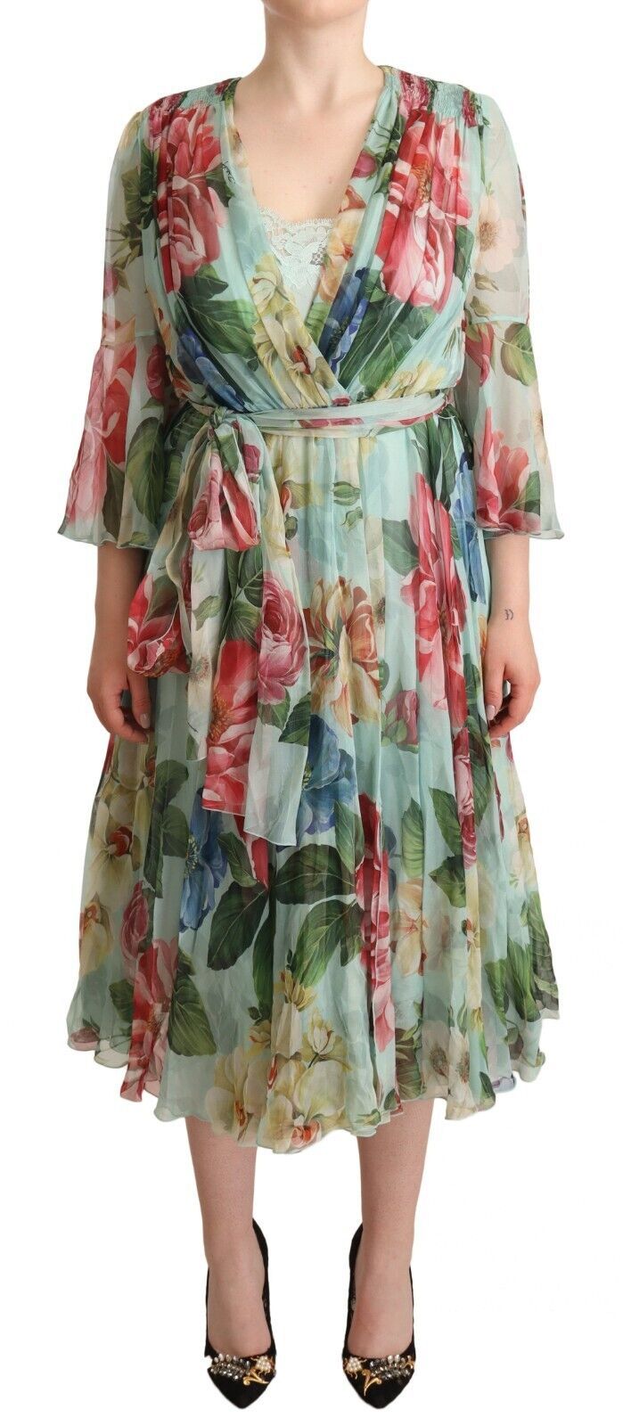Green Floral Long Sleeves V-neck Midi Dress
