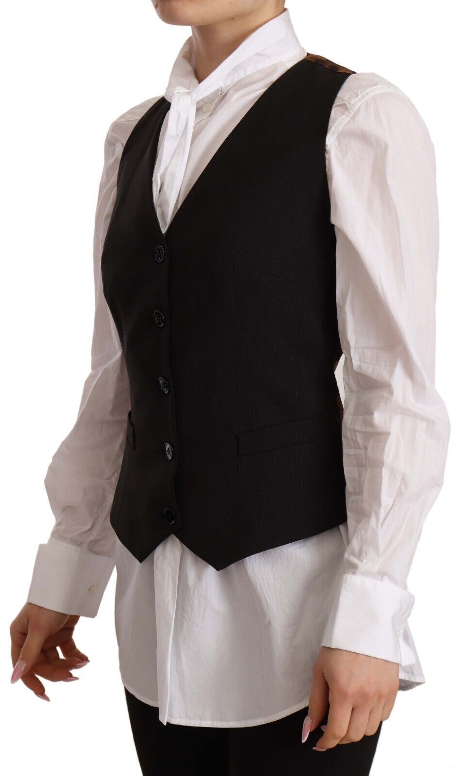 Black Button Down Sleeveless Vest Polyester Top