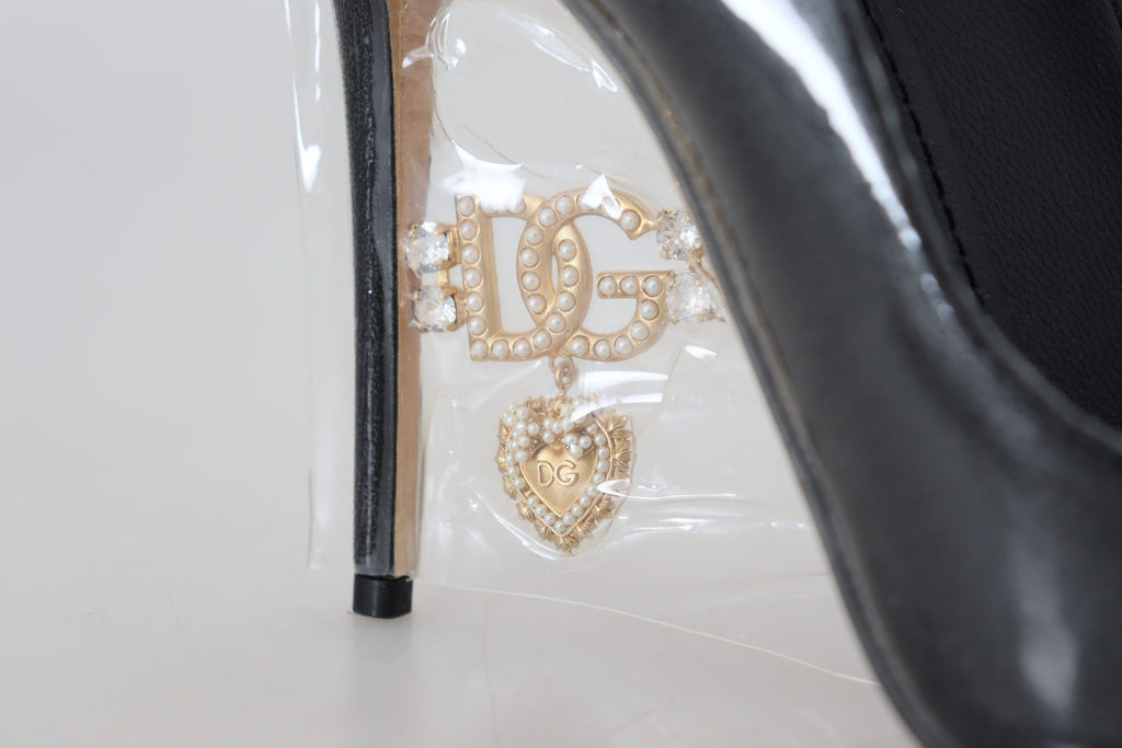 Black Leather Heels Pumps Plastic Wrapped Shoes